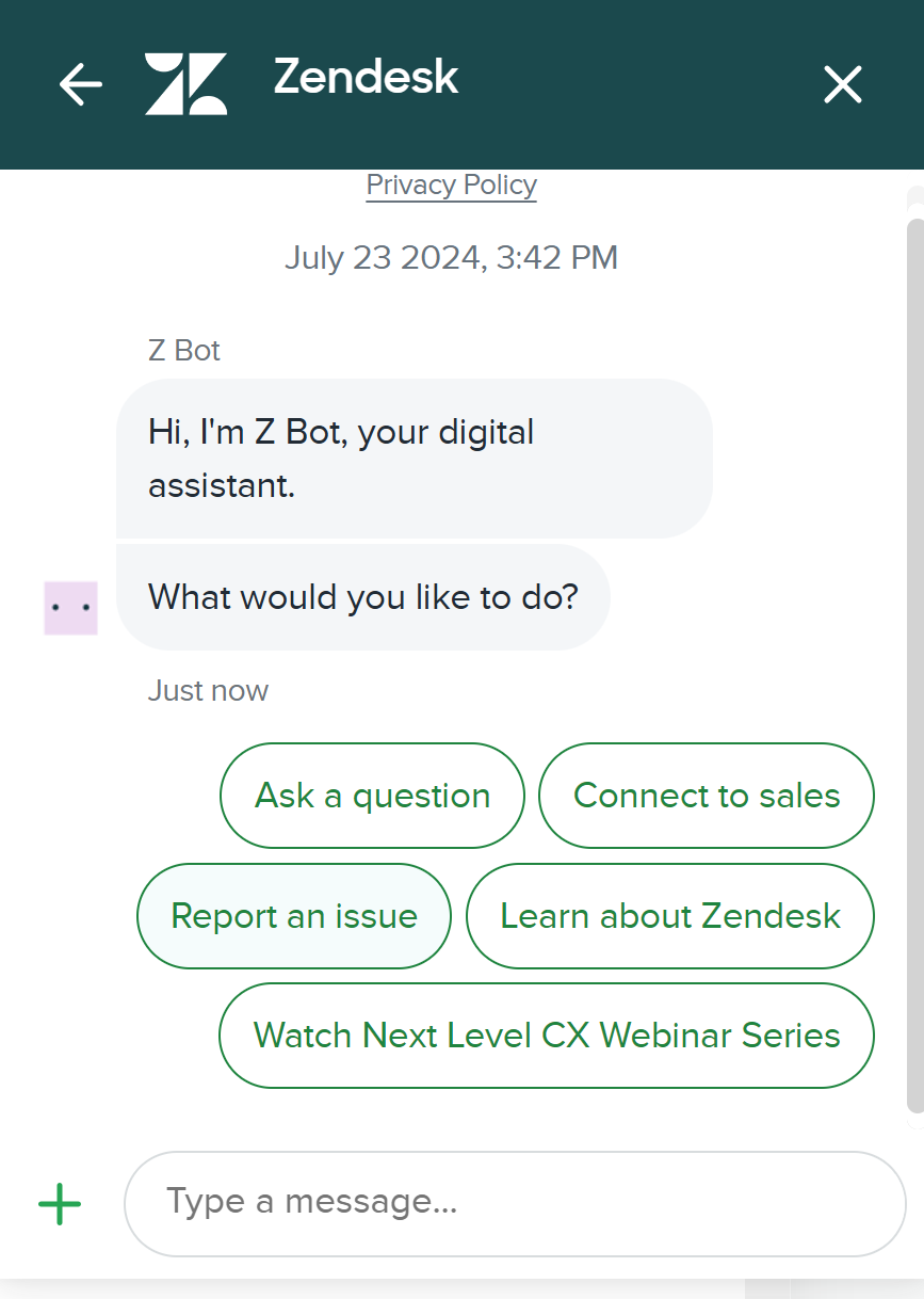 Zendesk interface showcasing an AI-powered chatbot in action